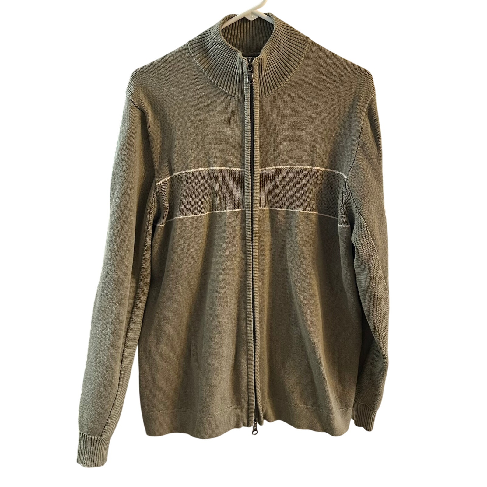 Eddie Bauer Men's Full Zip Olive Green Cotton Knit Mock Neck Sweater